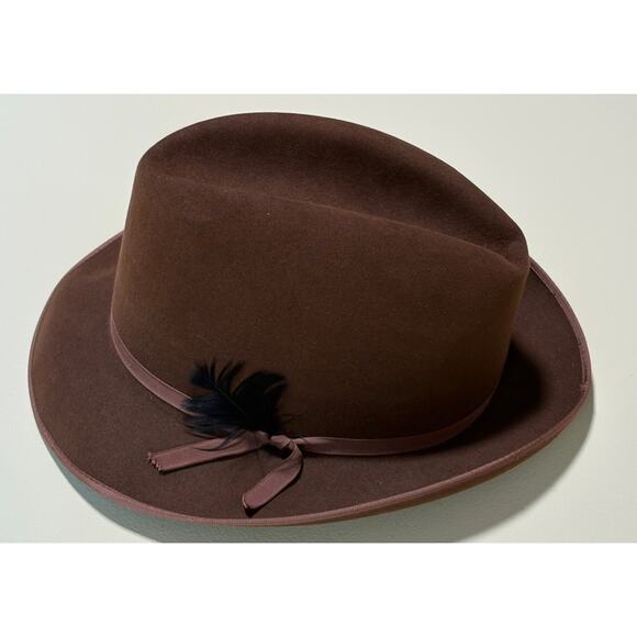 Vintage Dobbs Mens Brown Wool Felt Black Feather Fedora Hat 7 1/4 - Picture 15 of 16